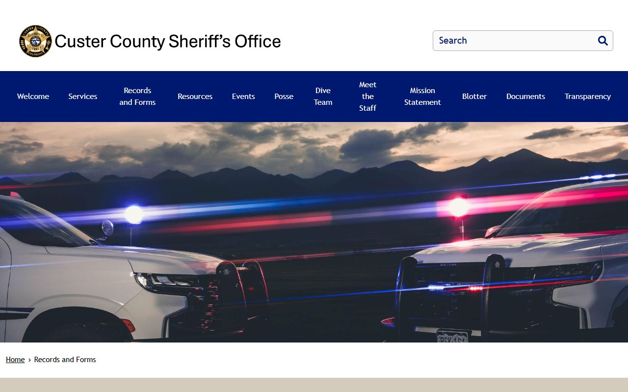 Custer County Jail records request page for inmate booking records